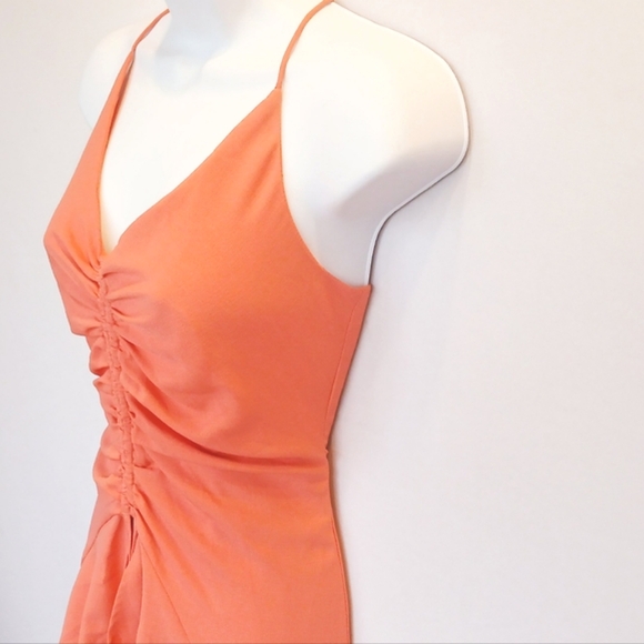 Sleeveless Ruffle High-Low Mini Dress, Long Flowy Back, Fitted Bodice Papaya M - Picture 9 of 10